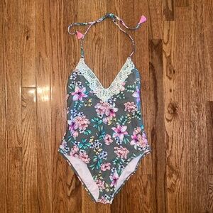 Hula Honey Green & Pink Flora One Piece Swimsuit Women’s Size Medium